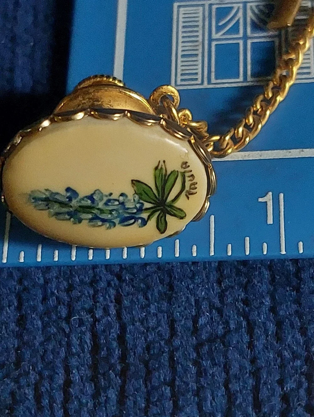 Vintage Signed Paula Hand-Painted Procelain Texas Bluebonnet Tie Tack